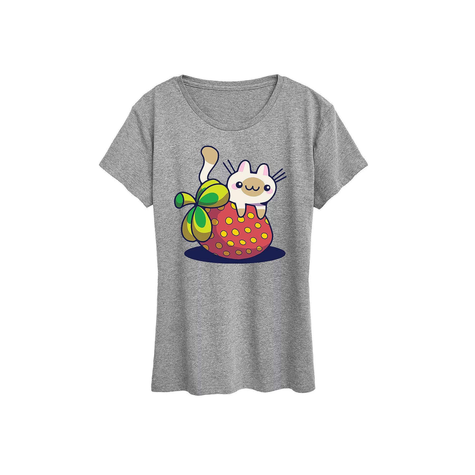 Womens Cat On Strawberry Graphic Tee, Girls Grey Gray Product Image