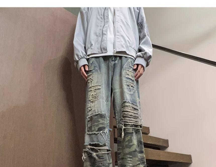 Mid Rise Camo Print Distressed Washed Wide Leg Jeans Product Image