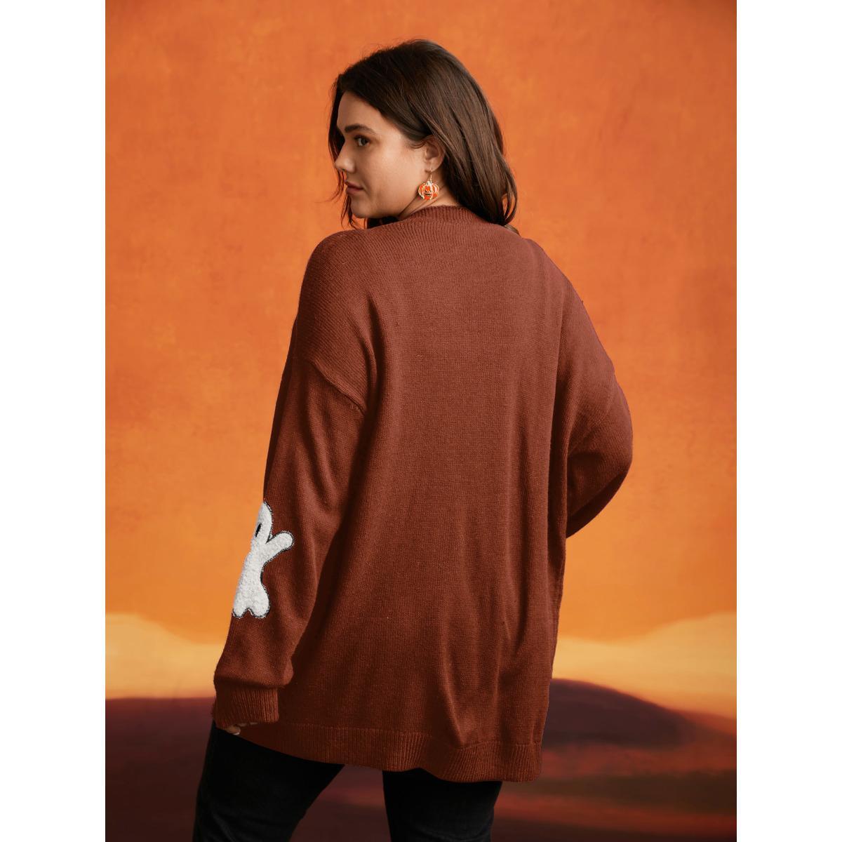 Plus Size Pumpkin Ghost Embroidery Open Cardigan ArmyGreen Women Casual Loose Long Sleeve Everyday Cardigans BloomChic 14-16/1X Product Image