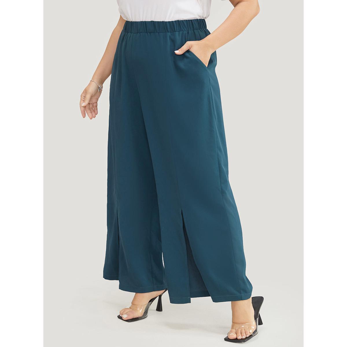 Plus Size Split Hem Elastic Waist Pocket Pants Women Cyan Office Mid Rise Work Pants BloomChic 14-16/1X Product Image