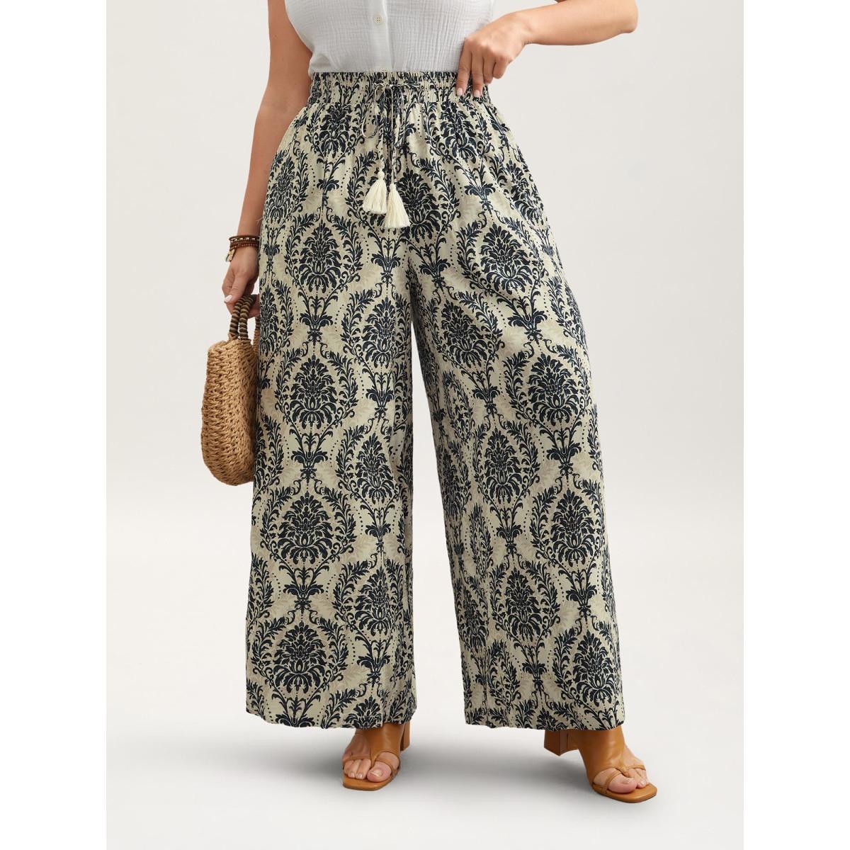 Plus Size Damask Print Tassel Straight-Leg Pants Women DarkBlue Resort Wide Leg Mid Rise Vacation Pants BloomChic 12/L Product Image