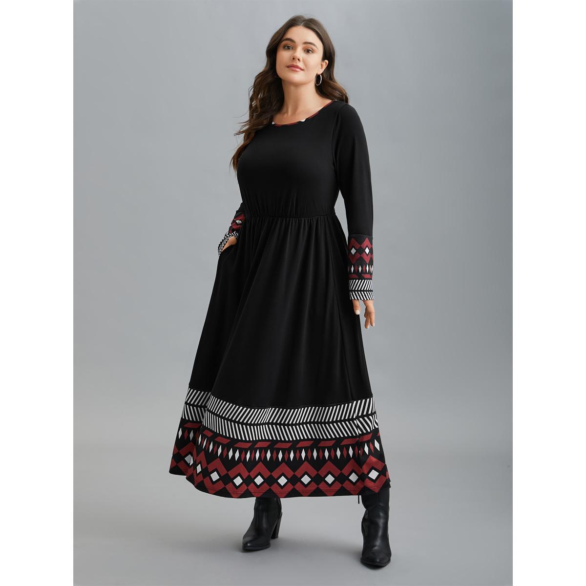 Plus Size Crew Neck Geometric Print Patchwork Dress BlackFlower Women Casual Non Knit Dresses Bloomchic 18-20/2X Product Image