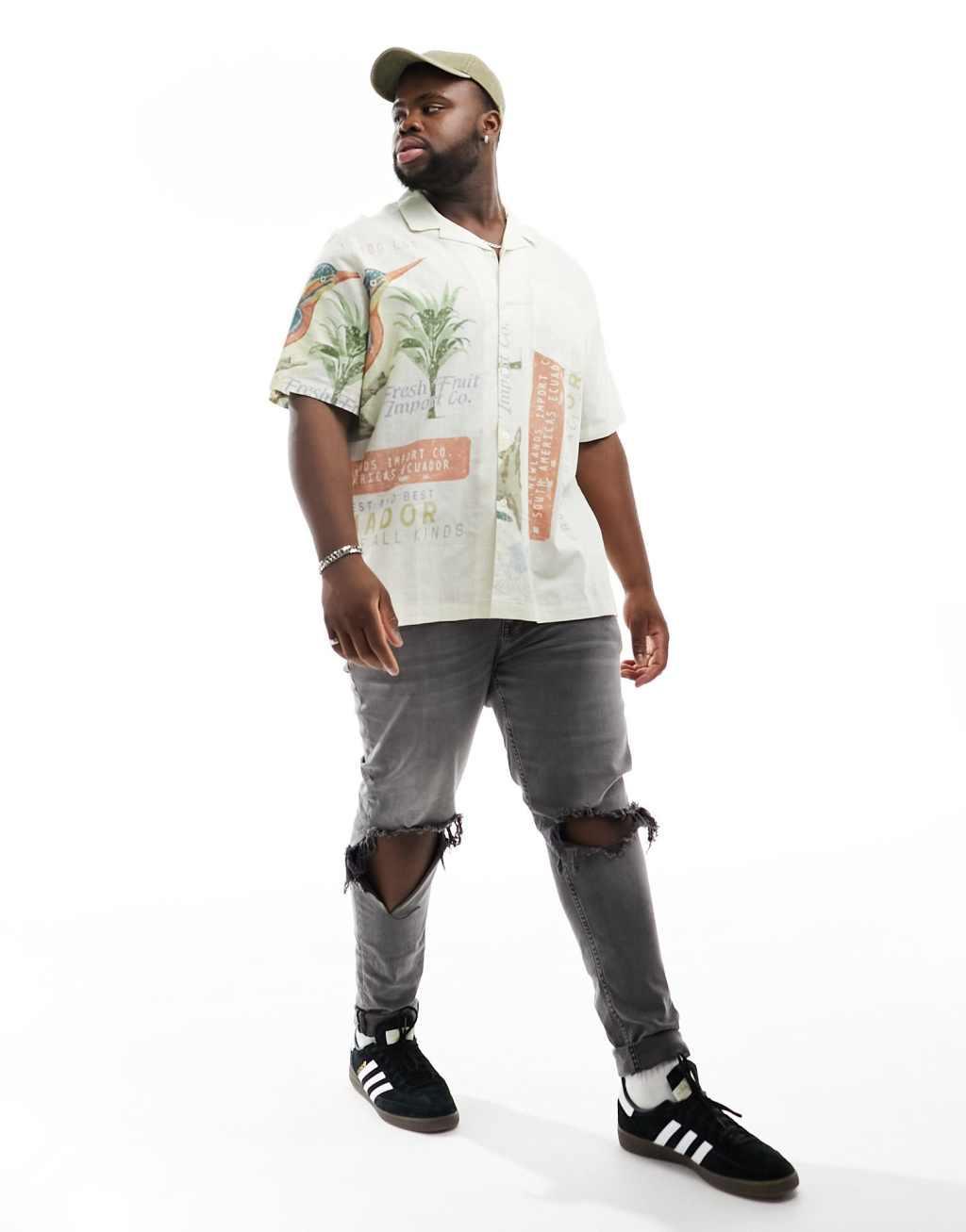 ASOS DESIGN relaxed revere shirt with bird print-White Product Image
