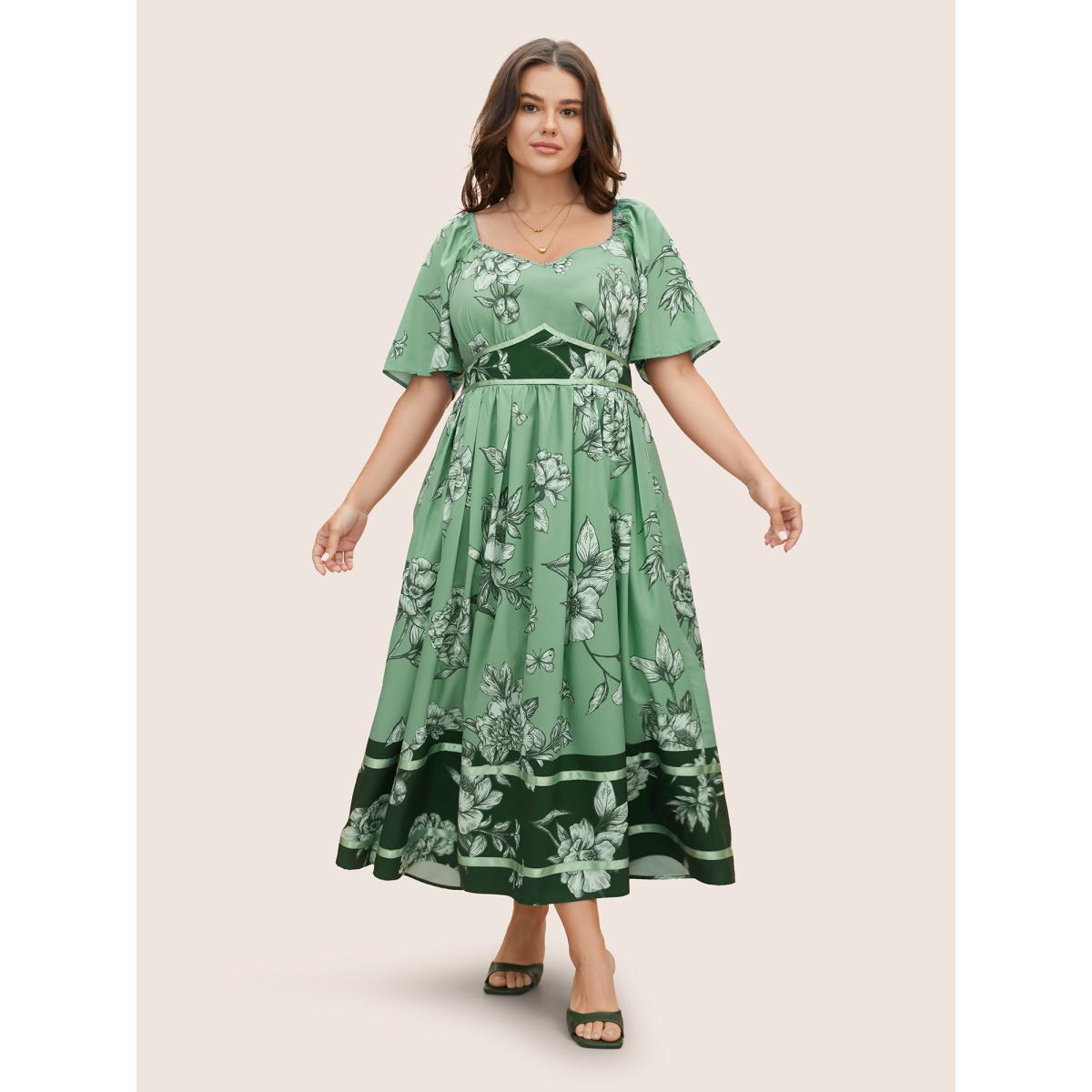 Plus Size Boho Print Heart Neckline Ruffle Sleeve Maxi Dress Emerald Women Elegant Woven ribbon&lace trim Square Neck Short sleeve Curvy BloomChic 22-24/3X Product Image