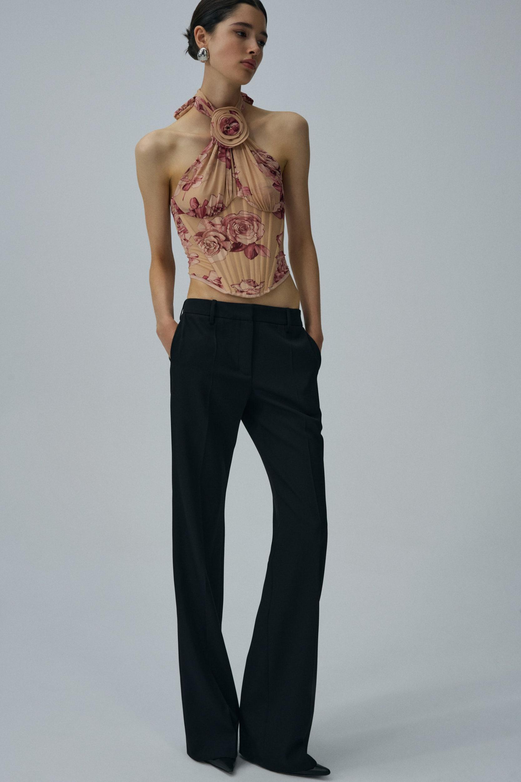 Sheer halter bustier top in beige print Product Image