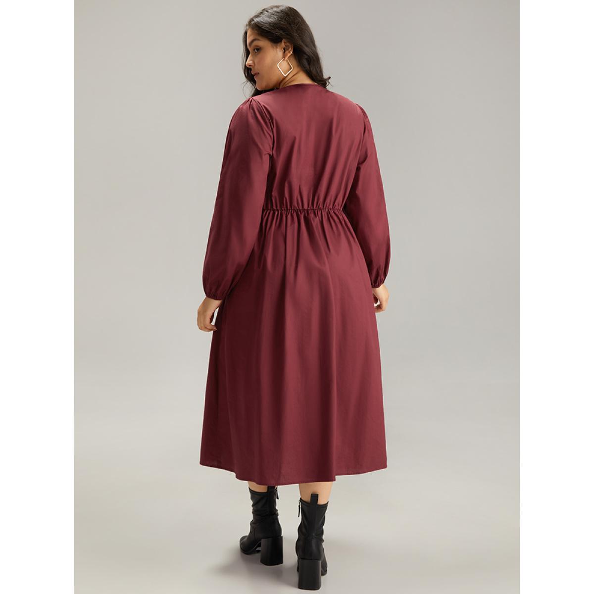 Plus Size Cotton Button Detail Elastic Cuffs Dress Burgundy Women Elegant Elastic cuffs V-neck Long Sleeve Curvy Midi Dress BloomChic 14-16/1X Product Image