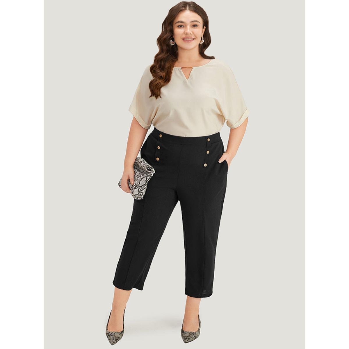 Plus Size Solid Elastic Waist Pocket Button Detail Pants Women Black Office High Rise Work Pants BloomChic 10/M Product Image