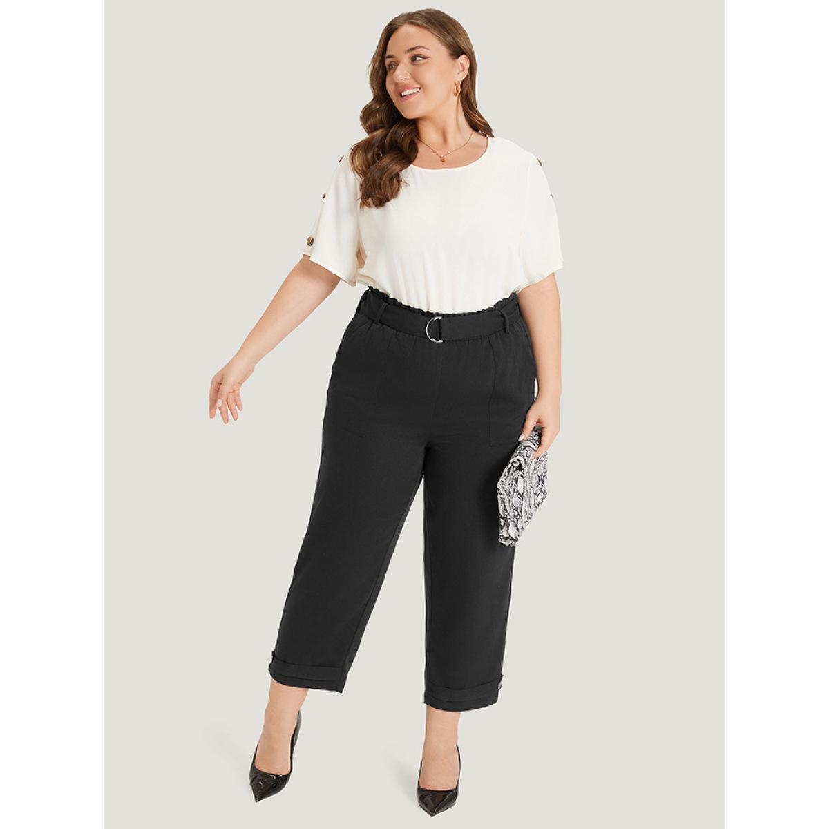 Plus Size Supersoft Essentials Solid Pocket Buckle Detail Pants Women Black Office Straight Leg High Rise Work Pants BloomChic 12/L Product Image