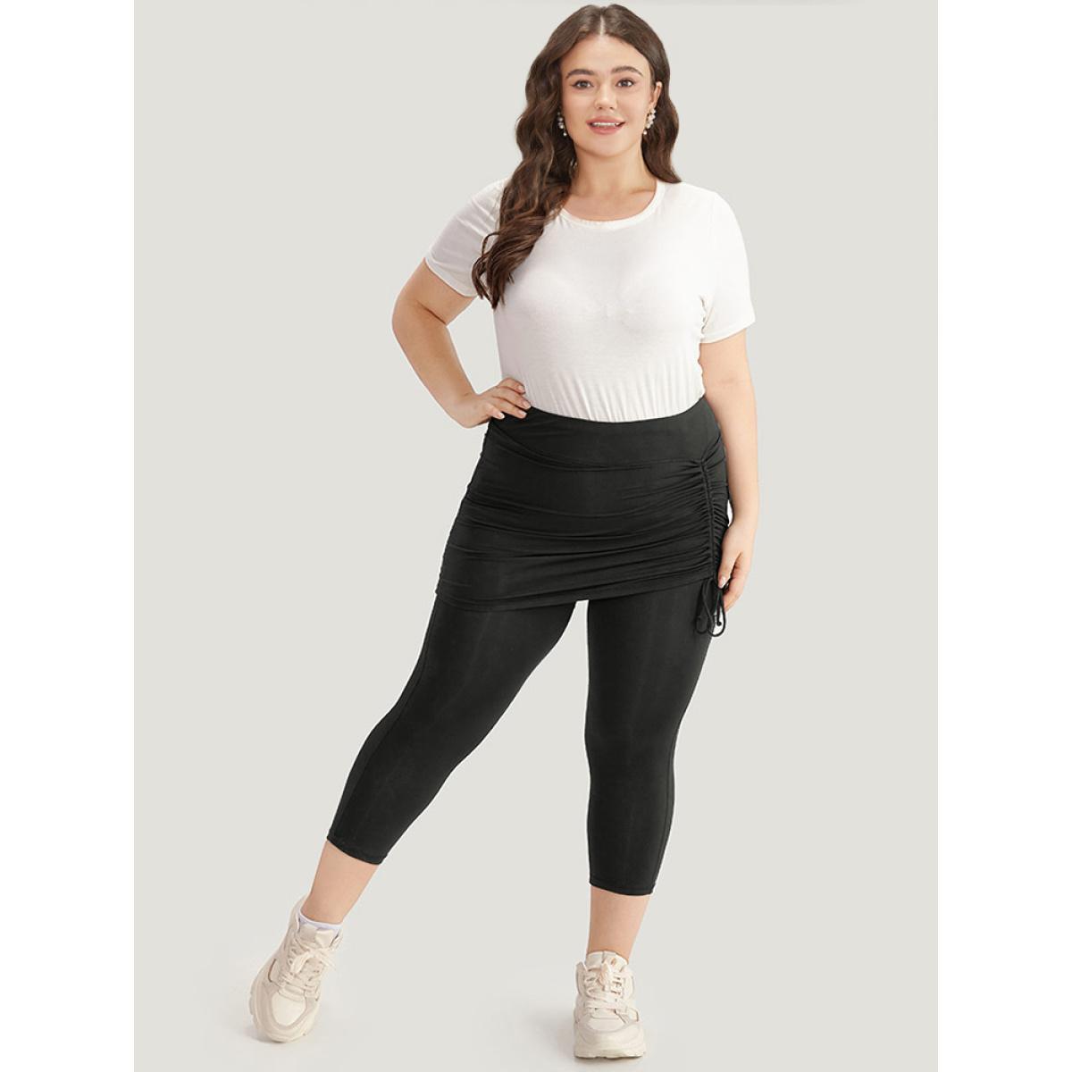 Plus Size Plain Drawstring Gathered Paperbag Waist Leggings Women Black Casual High stretch Skinny High Rise Dailywear Leggings BloomChic 30/6X Product Image