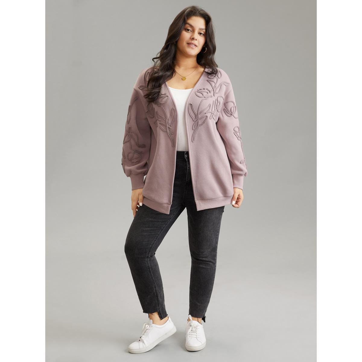 Plus Size Stereo Flower Design Rib Knit Jacket Women Rouge Texture Pocket Everyday Jackets BloomChic 10/M Product Image