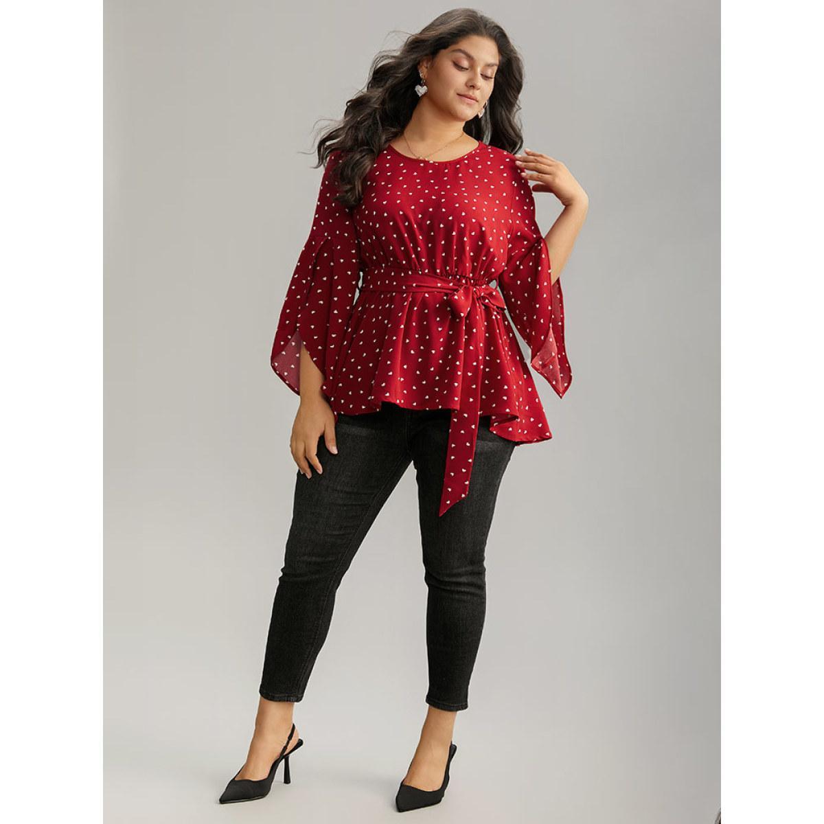 Plus Size Red Heart Print Belted Petal Sleeve High Low Hem Blouse Women Elegant Elbow-length sleeve Round Neck Everyday Blouses BloomChic 18-20/2X Product Image