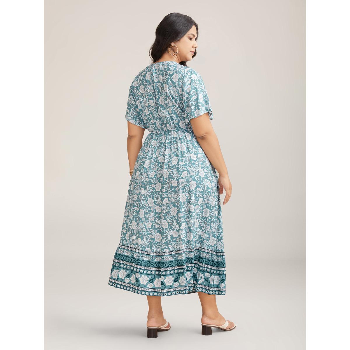Plus Size Floral Print Stretchy Waist Pockets Midi Dress Stone Women Resort Non V-neck Short sleeve Curvy BloomChic 14-16/1X Product Image