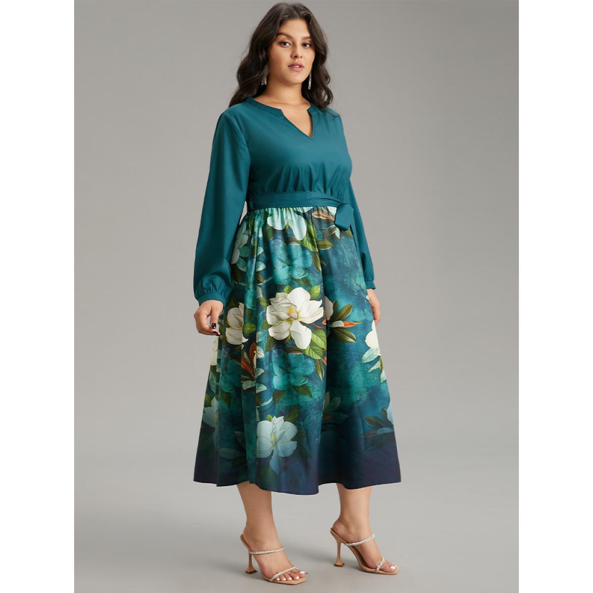 Plus Size Floral Print Patchwork Bleted Pocket Dress Cerulean Women Glamour Belted Notched collar Long Sleeve Curvy Midi Dress BloomChic 18-20/2X Product Image
