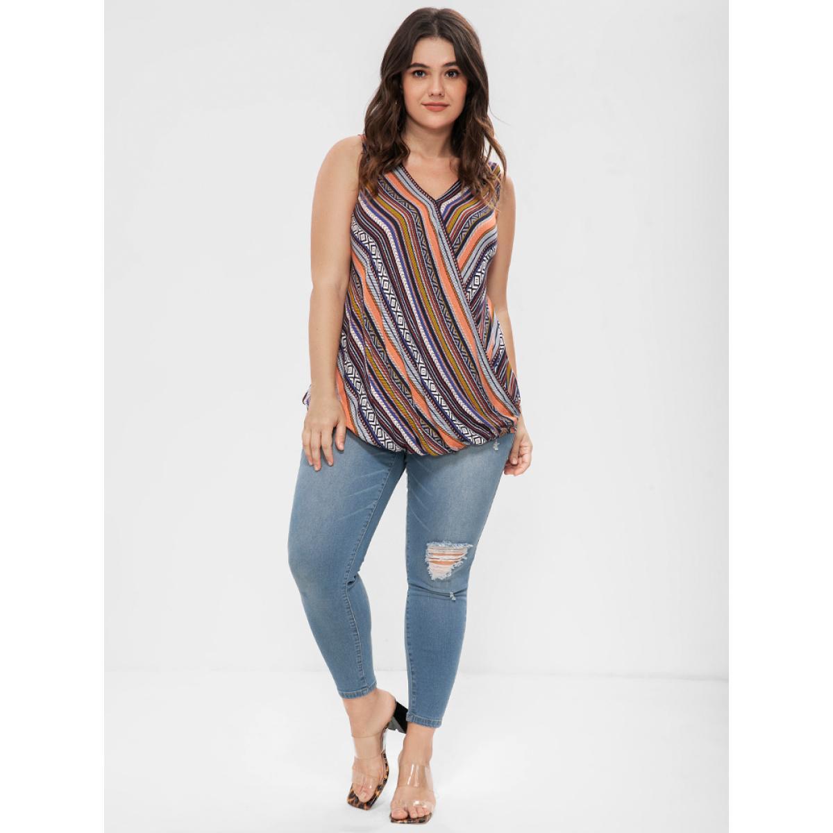 Plus Size Bandana Printed Sleeveless Button Wrap Tank Top Women DarkBlue Vacation Wrap V-neck Dailywear Tank Tops Camis BloomChic 18-20/2X Product Image