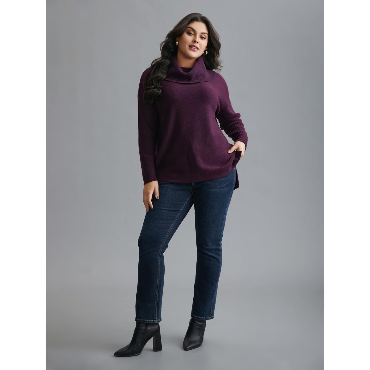 Plus Size Supersoft Essentials Turtle Neck Asymmetrical Hem Slit Pullover Eggplant Women Casual Loose Long Sleeve Turtleneck Everyday Pullovers BloomChic 14-16/1X Product Image