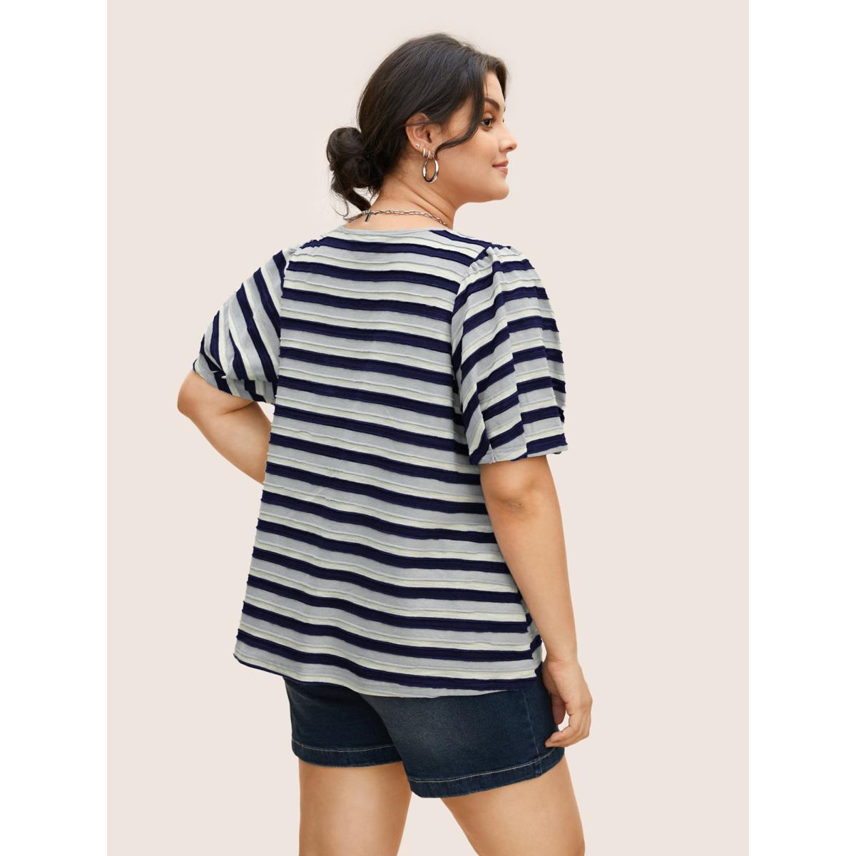 Plus Size V Neck Textured Striped Tie Knot T-shirt Midnight Women Casual Texture V-neck Everyday T-shirts BloomChic 30/6X Product Image