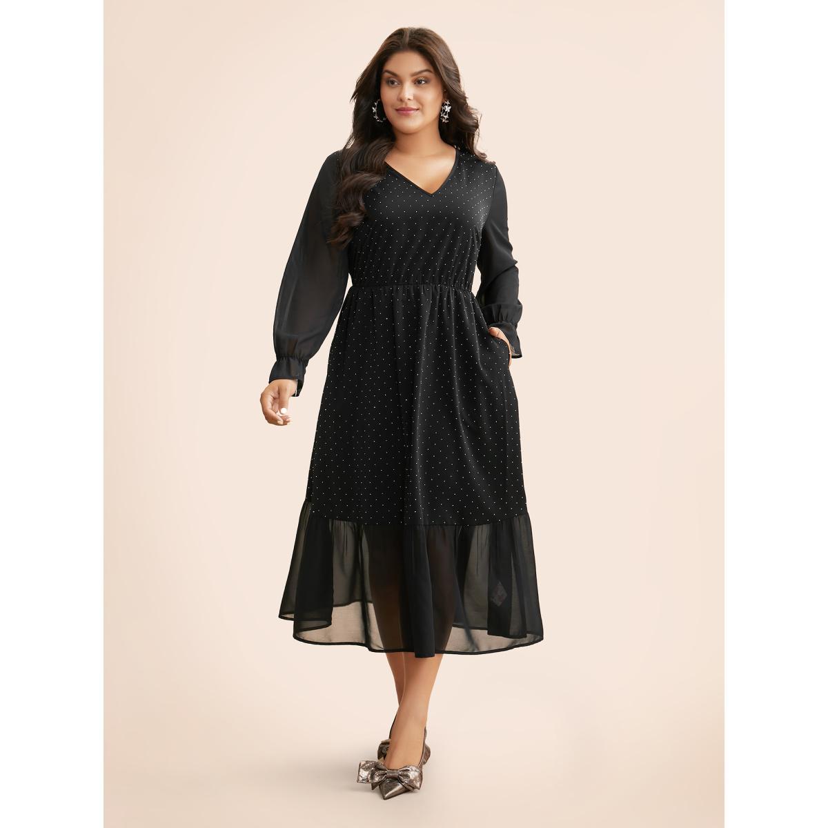 Plus Size V Neck Rhinestone Patchwork Ruffles Dress Pureblack Women Cocktail Rhinestone detailing Party Curvy Bloomchic 26/4X Product Image