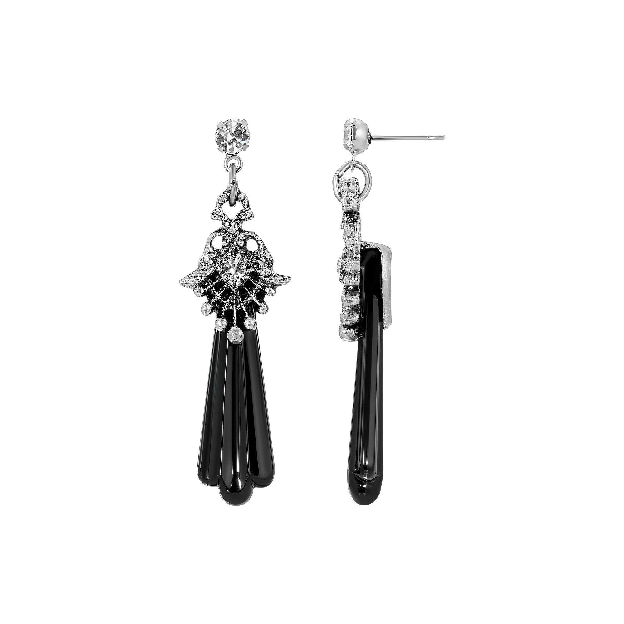1928 Pewter Tone Crystal & Black Drop Earrings, Womens Product Image