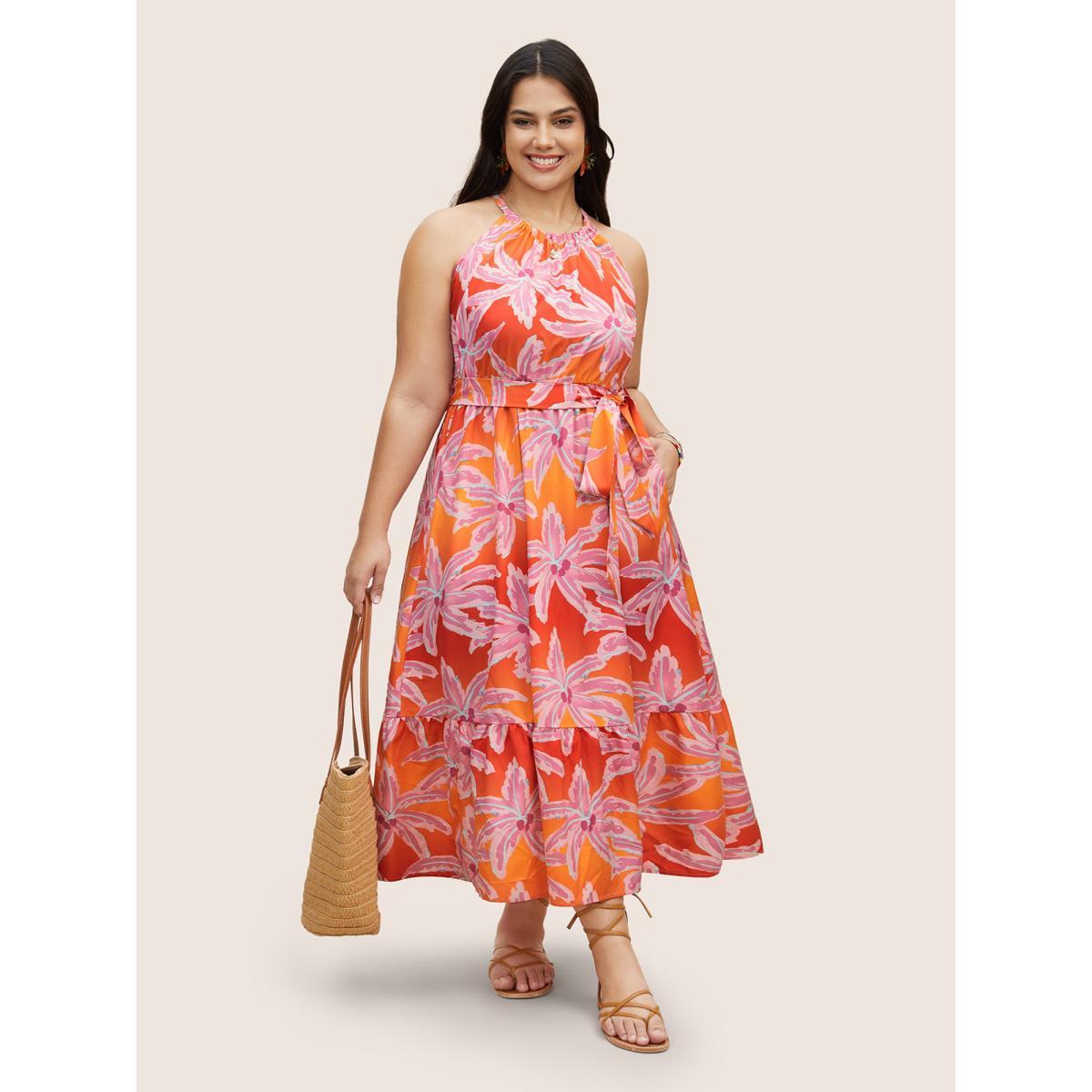 Plus Size Tropical Hand Painted Halter Belt Gathered Dress Pink Women Resort Gathered Halter neck Sleeveless Curvy BloomChic 10/M Product Image