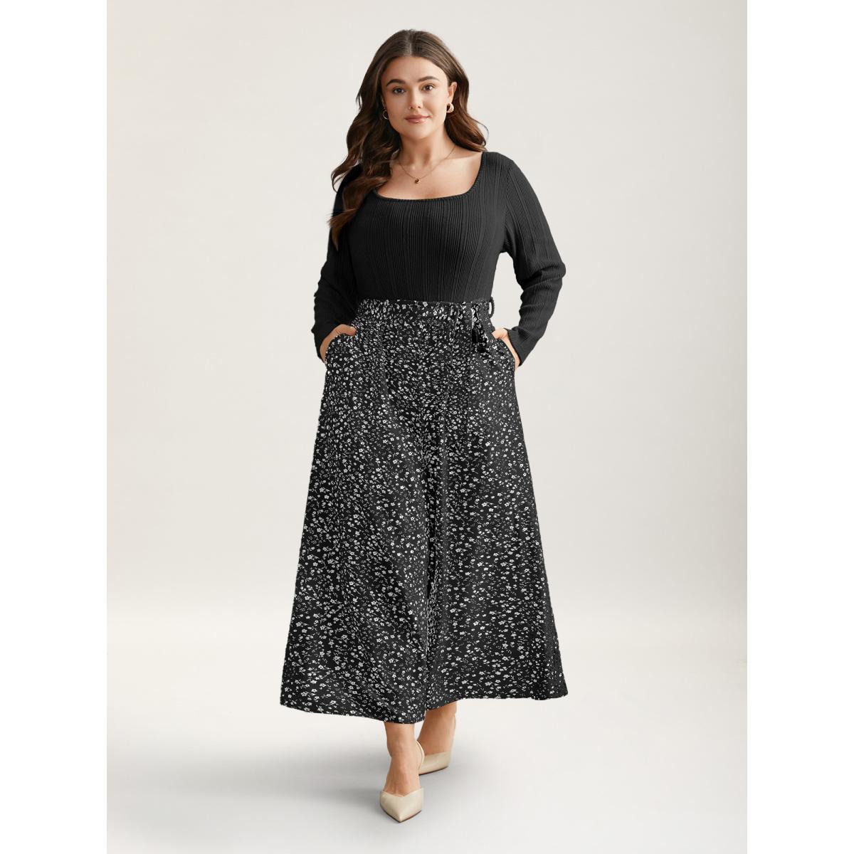 Plus Size Black Textured Square Neck Belted Floral Jumpsuit Women Elegant Long Sleeve Square Neck Everyday Loose Jumpsuits BloomChic 14-16/1X Product Image