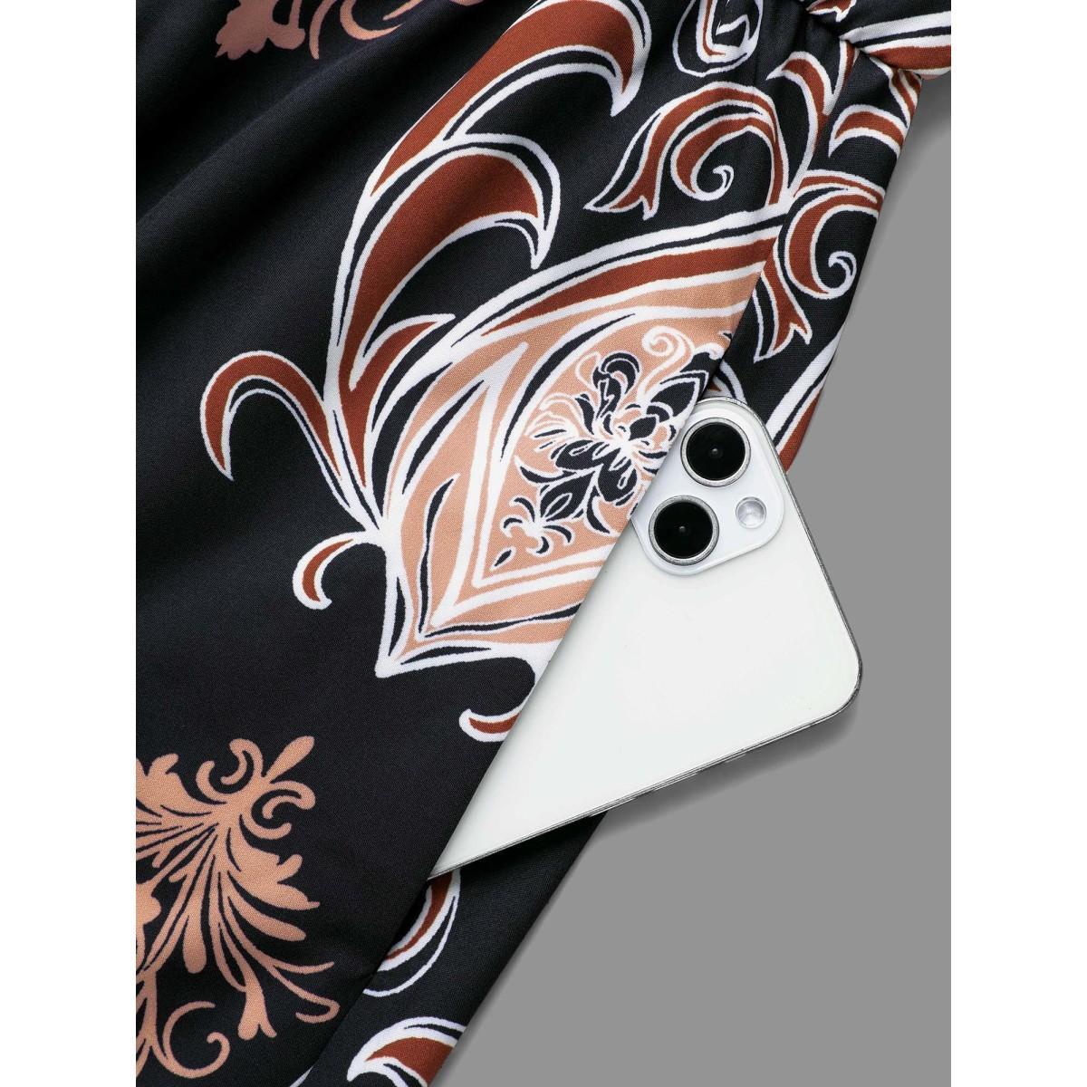 Plus Size Bandana Overlap Collar Elastic Waist Dress Black Women Resort Non Overlap Collar Long Sleeve Curvy BloomChic 12/L Product Image
