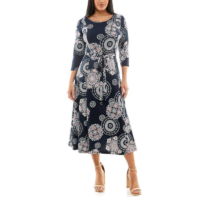 Women's Nina Leonard Belted 3/4 Sleeve Print Midi Dress, Size: Small, Blue Blue Ivory Product Image