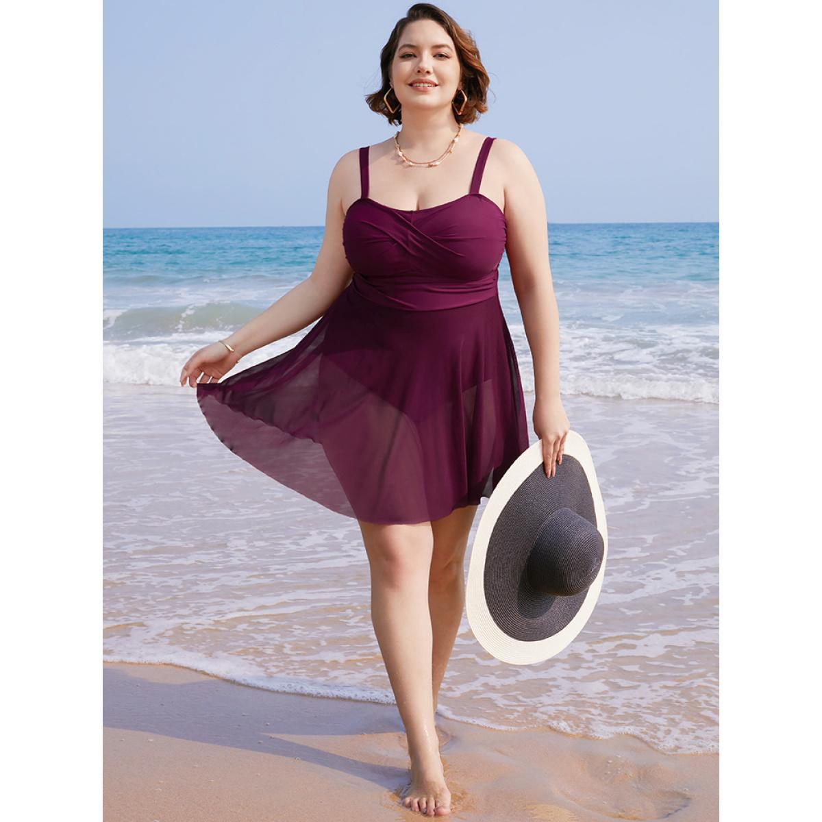 Plus Size Mesh Patchwork Flutter Crossover Sculpt Waist Swim Dress Women's Swimwear RedViolet Vacation Bodycon High stretch Curve Swim Dresses BloomChic 26/4X Product Image