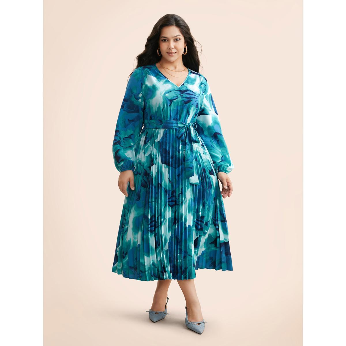 Plus Size Watercolor Floral Pleated Belted Dress DarkBlue Women Elegant Belted V-neck Long Sleeve Curvy BloomChic 30/6X Product Image