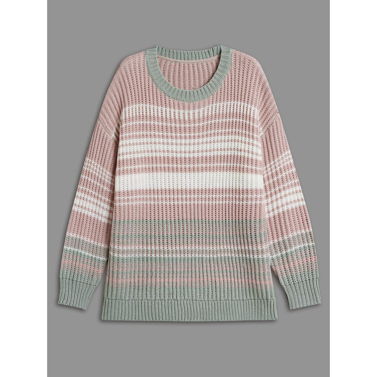 Plus Size Striped Contrast Colors Ribbed Pullover Greenbean Women Casual Loose Long Sleeve Round Neck Everyday Pullovers BloomChic 12/L Product Image