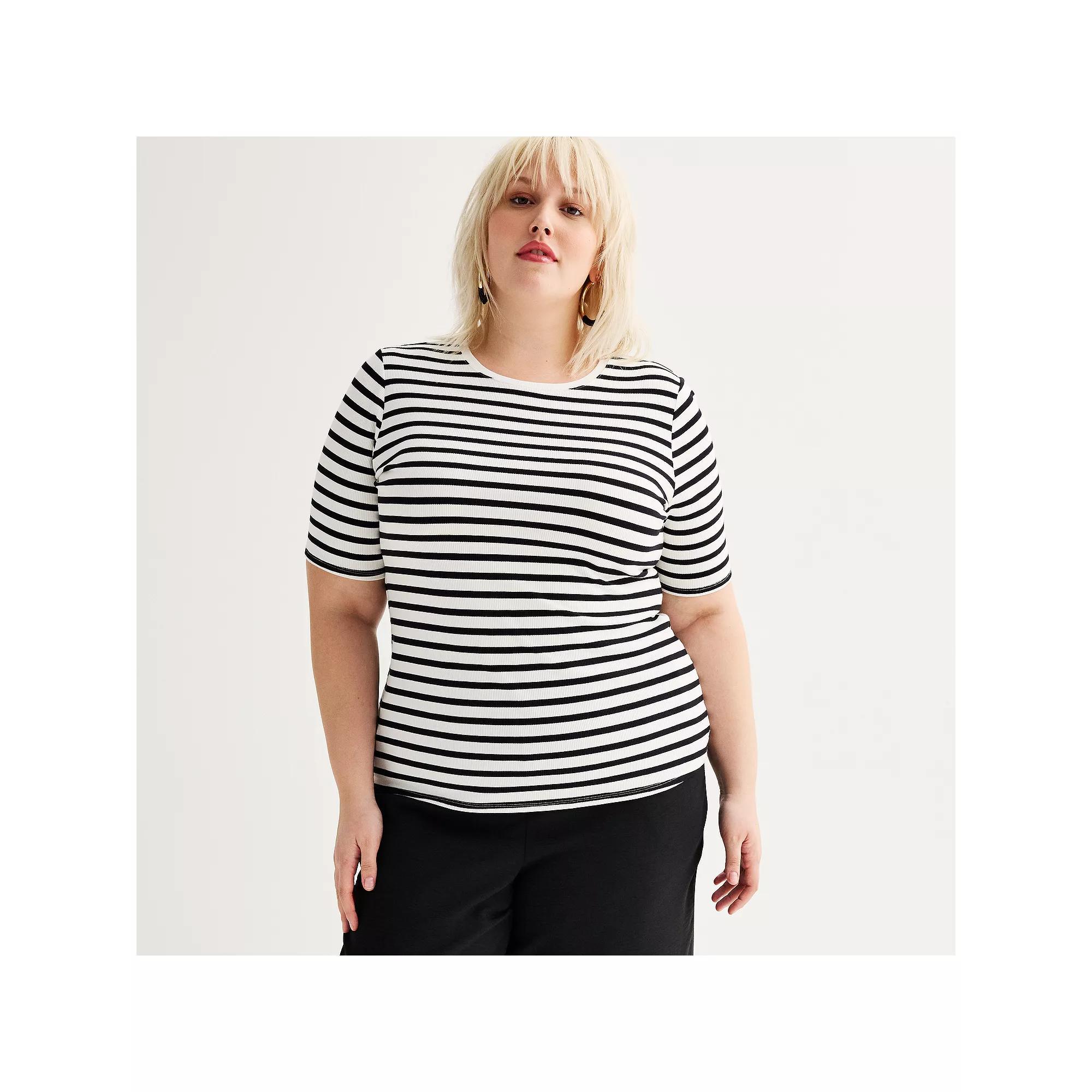 Plus Size Nine West Fitted Elbow Sleeve Top, Women's, Size: 4XL, Black White Product Image