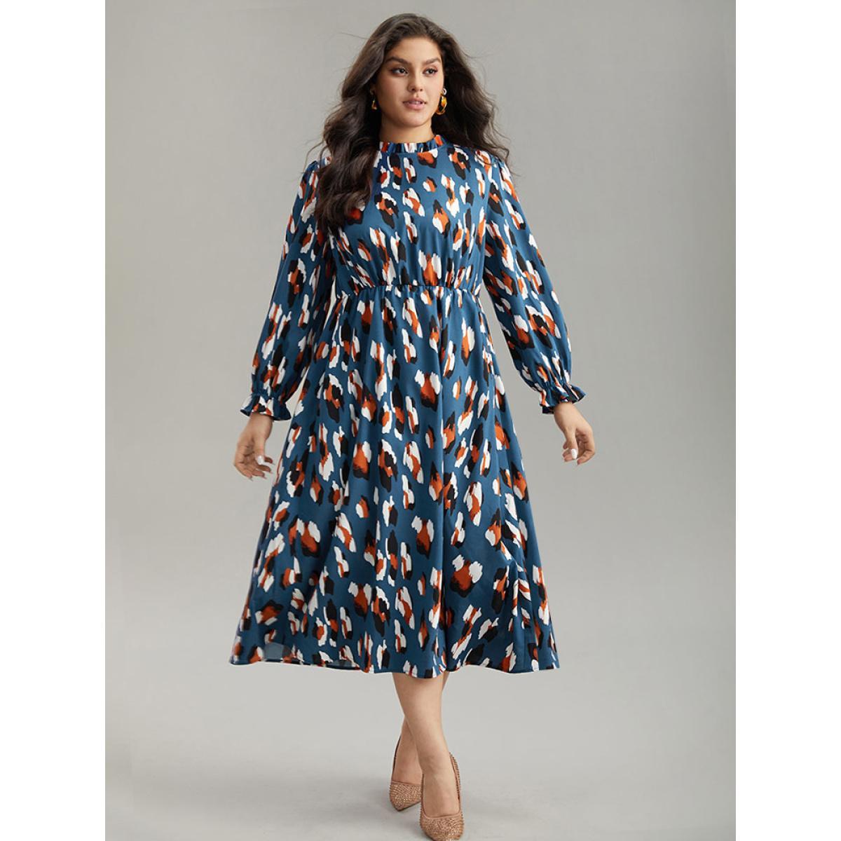 Plus Size Allover Print Stand Collar Pocket Ruffles Dress Aegean Women Office Printed Stand-up collar Long Sleeve Curvy Midi Dress BloomChic 28/5X Product Image