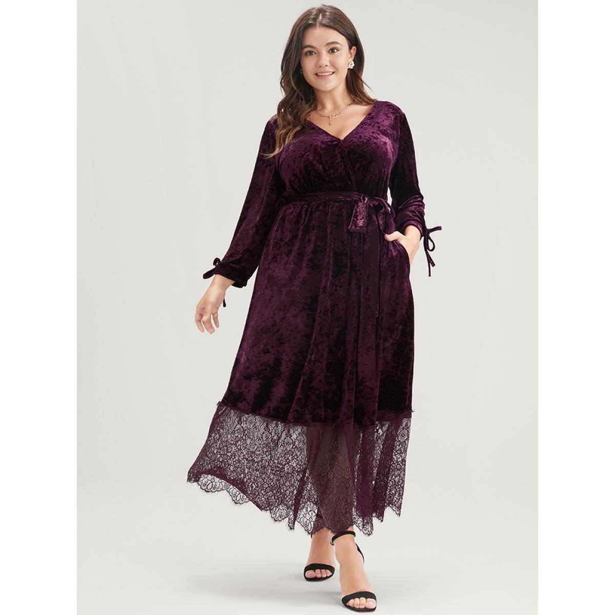Plus Size Solid Pocket Contrast Lace Scalloped Trim Belted Velvet Dress Eggplant Women Glamour Belted V-neck Elbow-length sleeve Curvy Long Dress BloomChic 12/L Product Image