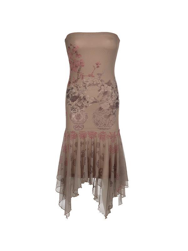 Boho Print Off Shoulder Irregular Hem Mesh Midi Dress Product Image