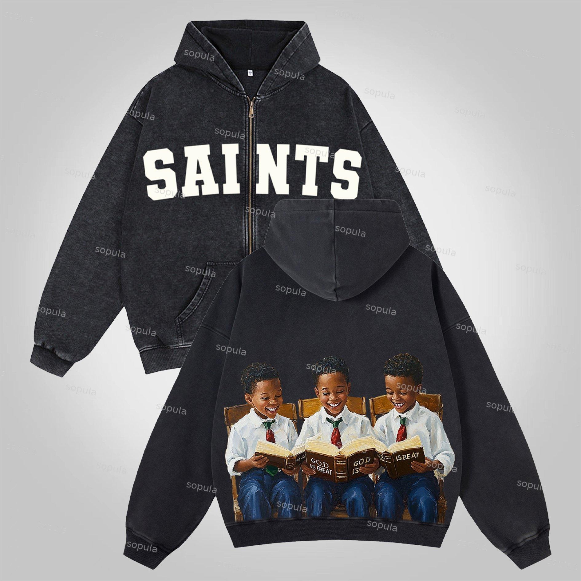 Sopula Saints God Is Reat Graphics Acid Washed Oversized Zip-up Hoodie Product Image