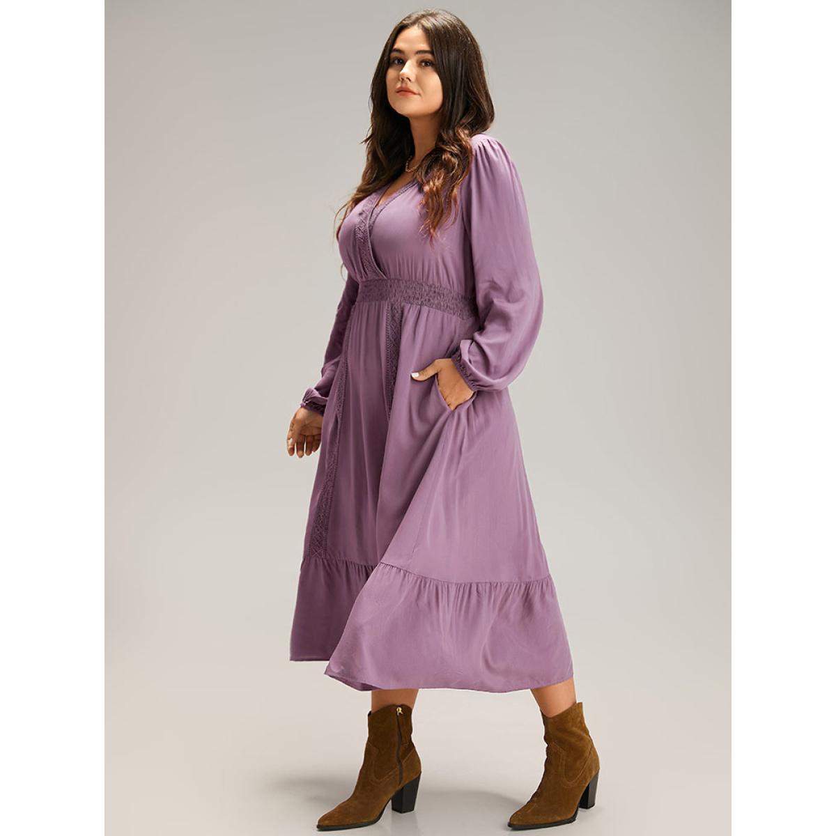 Plus Size Solid Eyelet Lace Shirred Wrap Flutter Hem Dress Mauve Women Elegant Elastic cuffs V-neck Long Sleeve Curvy Midi Dress BloomChic 10/M Product Image