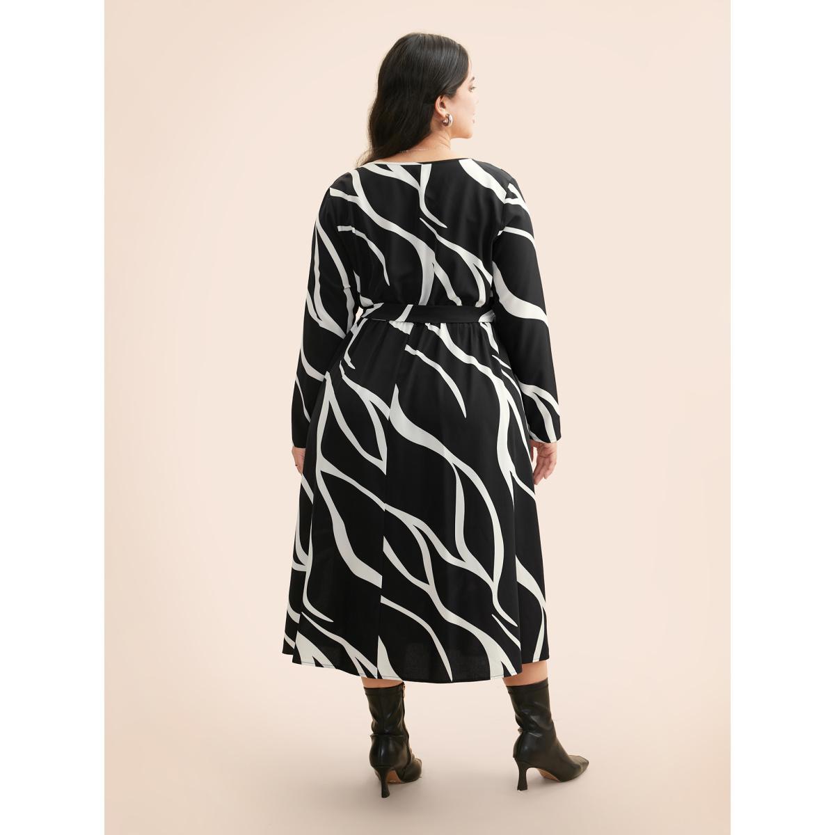 Plus Size V Neck Geometric Belted Dress Black Women At the Office Belted V-neck Long Sleeve Curvy BloomChic 28/5X Product Image