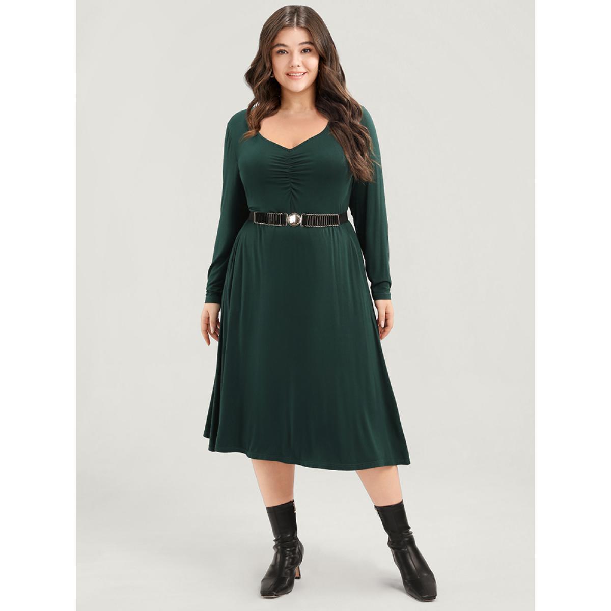 Plus Size Solid Pocket Gathered V Neck Midi Dress Without Belt ArmyGreen Women Elegant Gathered V-neck Long Sleeve Curvy Midi Dress BloomChic 26/4X Product Image