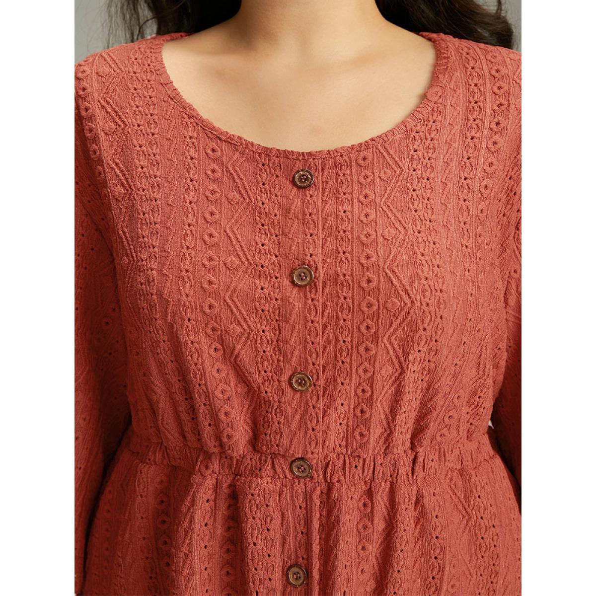 Plus Size Broderie Anglaise Button Through Pocket Dress Rust Women Casual Texture Round Neck Long Sleeve Curvy Knee Dress BloomChic 22-24/3X Product Image