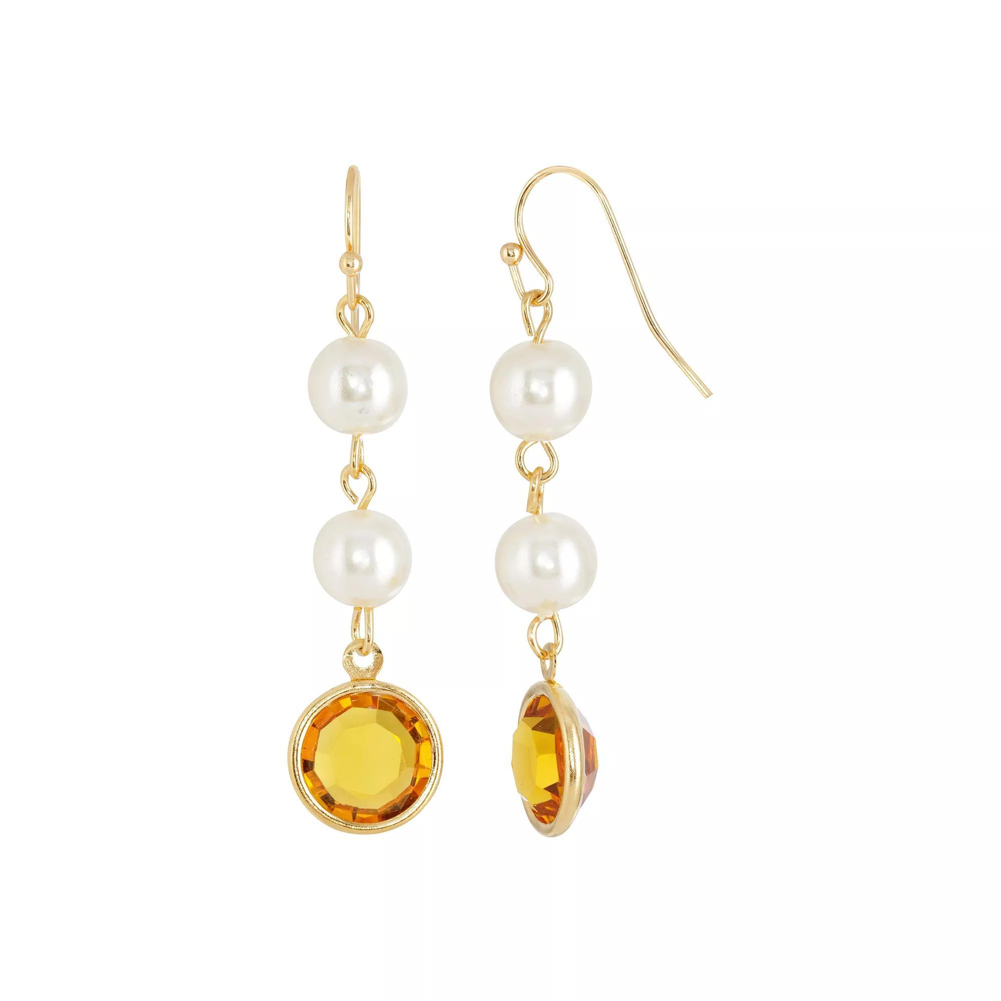 1928 Gold Tone Simulated Pearl & Crystal Drop Earrings, Womens, Yellow Product Image