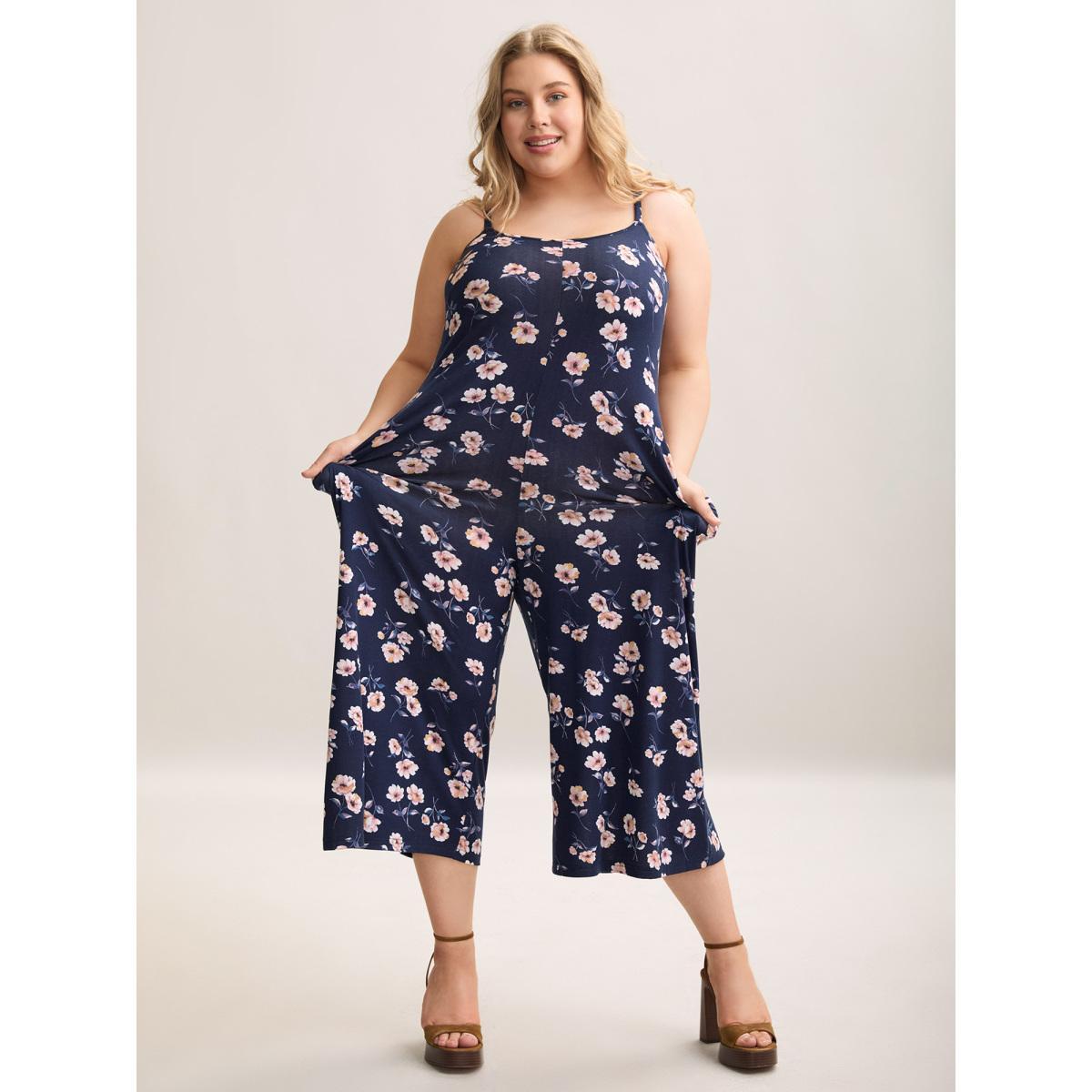 Plus Size DarkBlue Floral Print Adjustable Stretchy Pockets Jumpsuit Women Elegant Sleeveless Non Everyday-Elegant Loose Jumpsuits BloomChic 26/4X Product Image