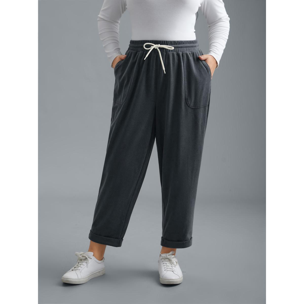 Plus Size Plain Drawstring Slant Pocket Roll Hem Pants Women SlateGray Casual Loose Mid Rise Everyday Pants BloomChic 12/L Product Image