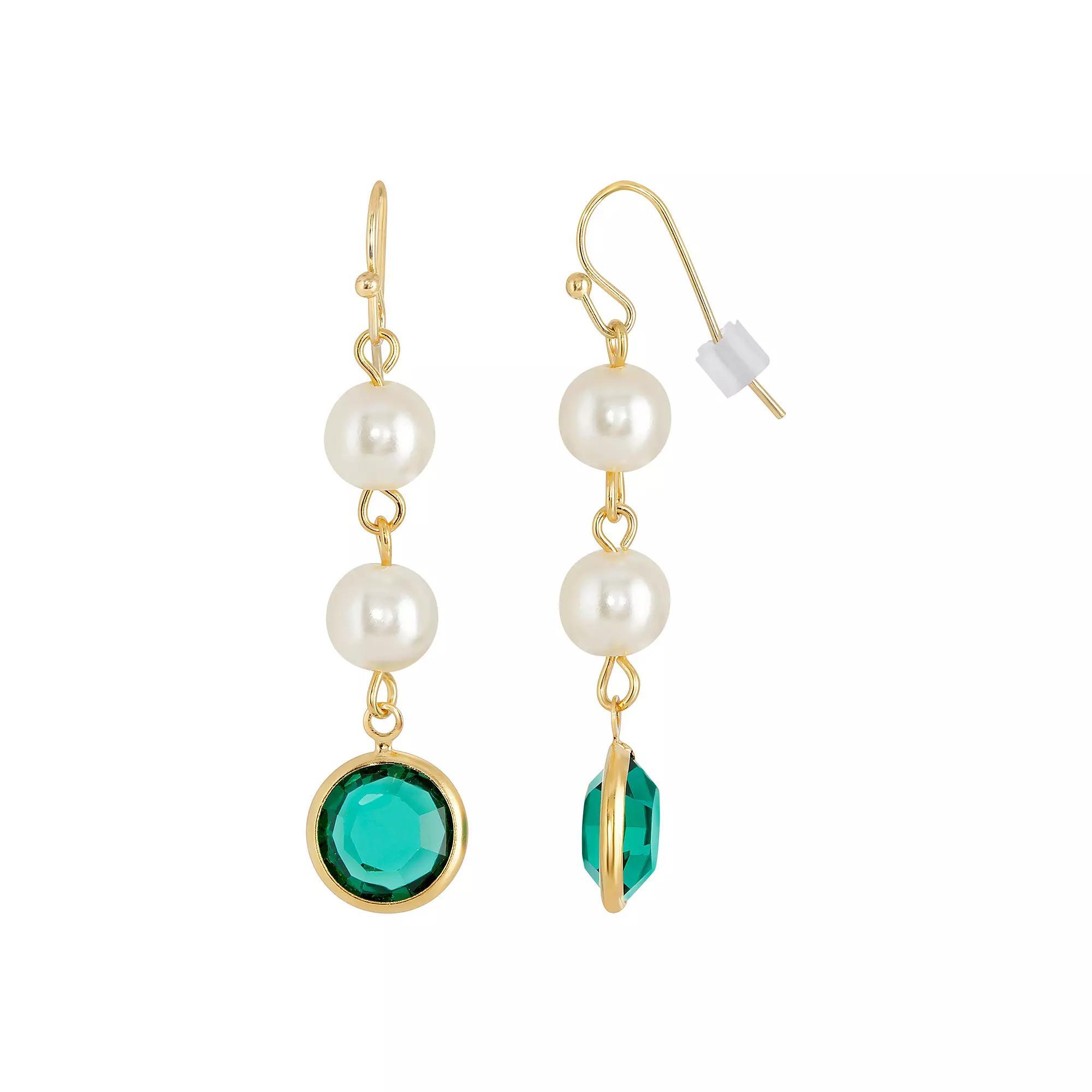 1928 Gold Tone Simulated Pearl & Crystal Drop Earrings, Womens, Dark Green Product Image