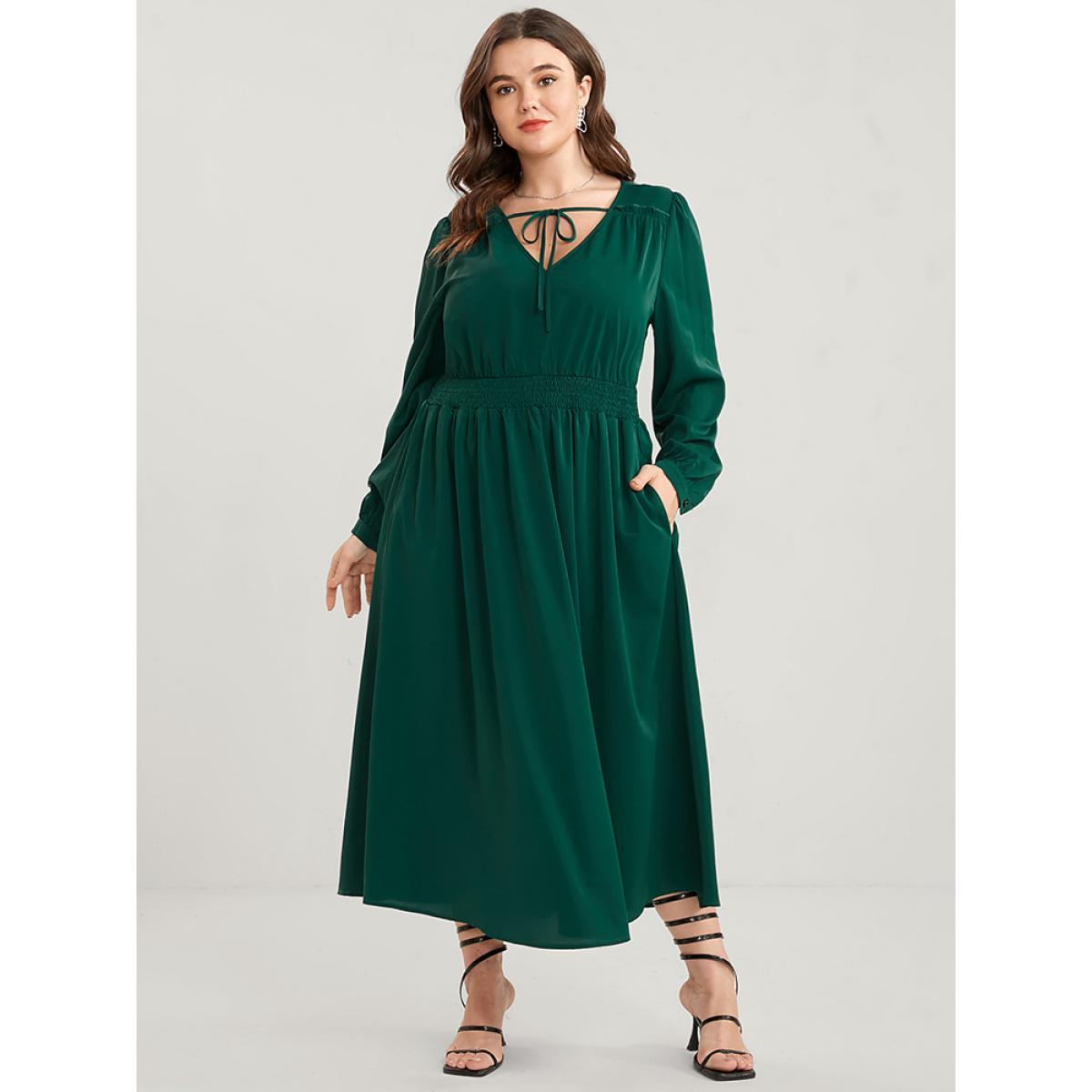 Plus Size Solid Pocket Shirred Tie V Neck Ruffle Hem Dress DarkGreen Women Elegant Cross straps V-neck Long Sleeve Curvy Midi Dress BloomChic 14-16/1X Product Image