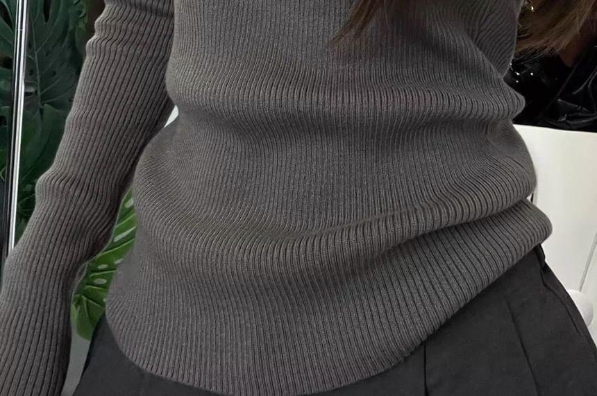 Long Sleeve V-Neck Plain Ribbed Knit Top Product Image