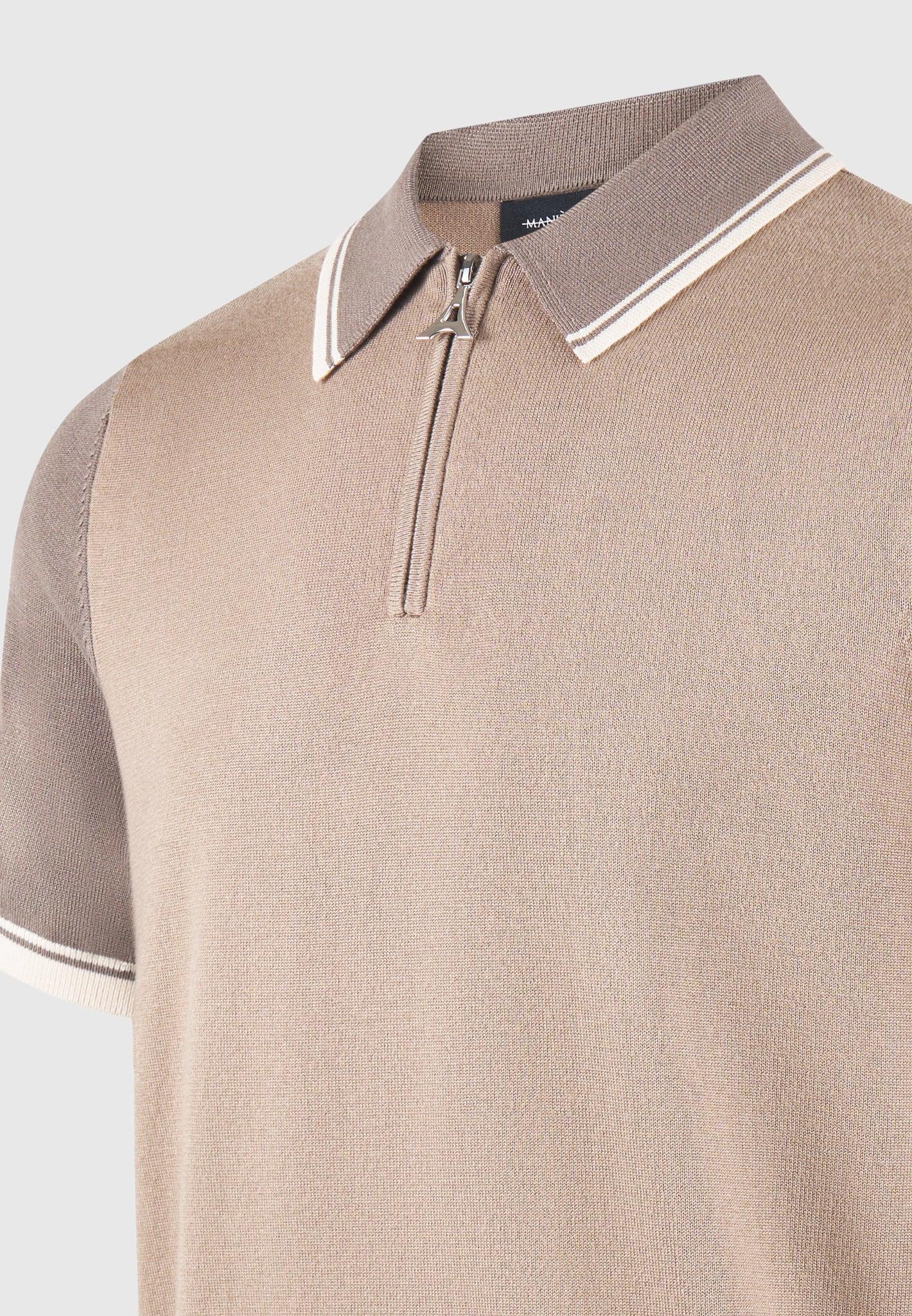 Colour Block Zip Polo Shirt - Taupe Male Product Image