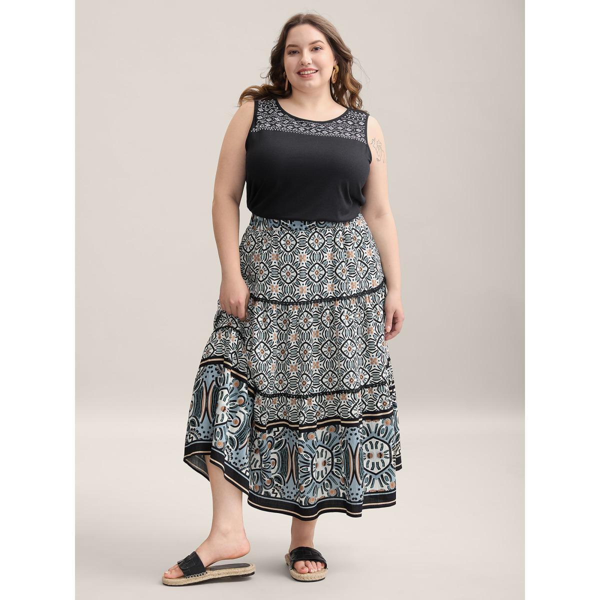 Plus Size Boho Print Spliced Tiered Maxi Skirt Women BlackFlower Resort Patchwork Loose No stretch Side seam pocket Vacation Skirts BloomChic 10/M Product Image