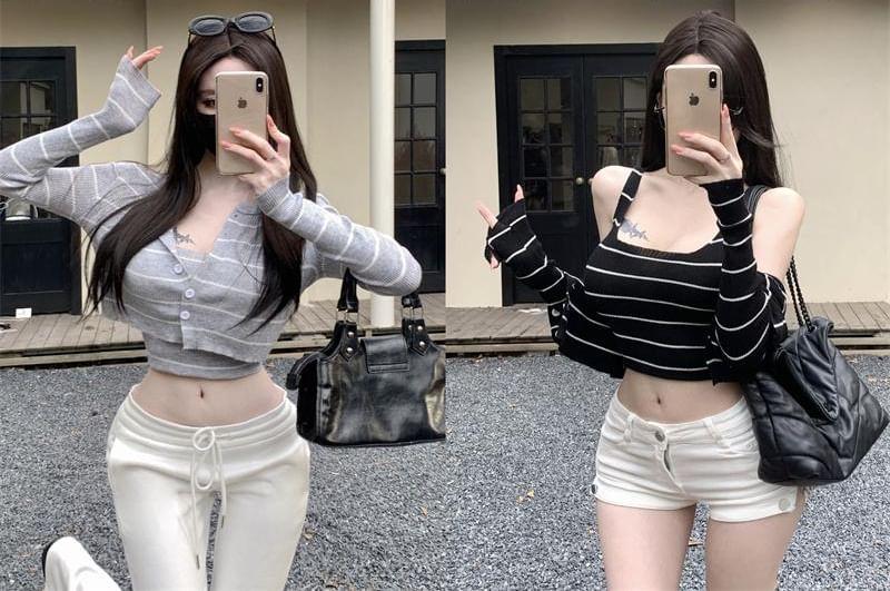 Set: Square Neck Striped Crop Tank Top + Crop Button Cardigan Product Image