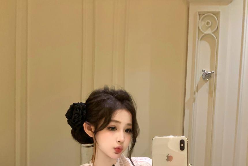 Set: Short-Sleeve Stand Collar Bow Accent Cutout Lace Slim Fit Crop Top + Long Gloves Product Image