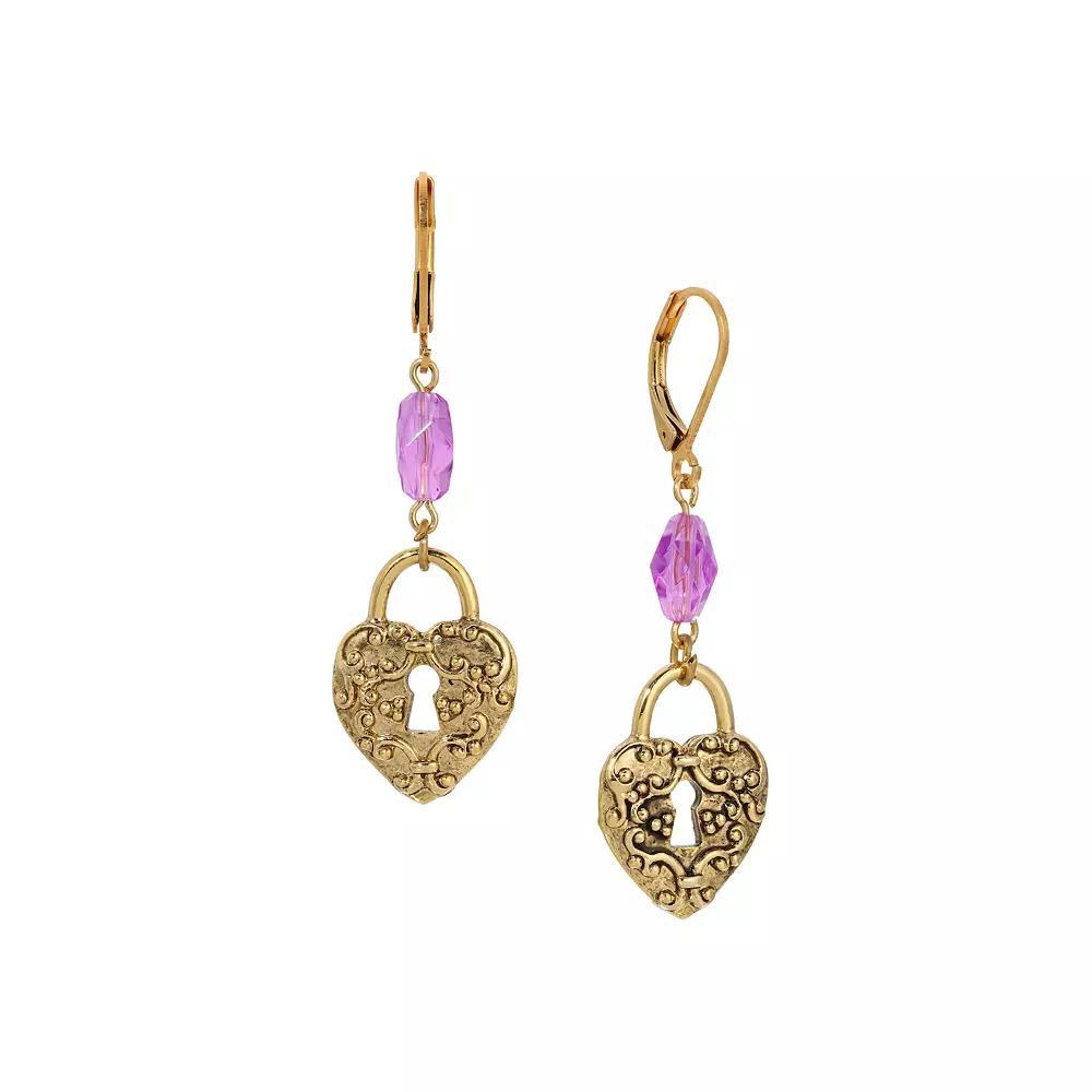 1928 Gold Tone Filigree Heart Padlock Purple Bead Leverback Drop Earrings, Womens, Yellow Product Image