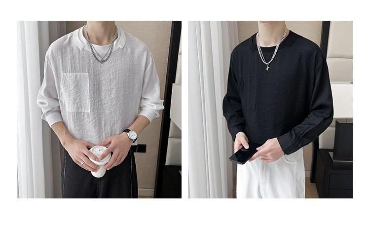 Long-Sleeve Crew Neck Plain Pocket Front T-Shirt Product Image
